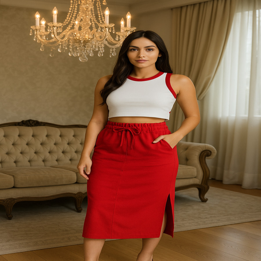 Conjunto Matriz Sofisticado Saia Midi Cós Alto + Cropped Ribana Bicolor Super Em Alta Estiloso Moda