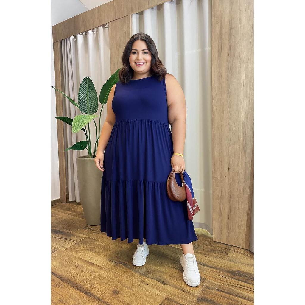 VESTIDO LONGO PLUS SIZE MALHA VISCOLYCRA TRES MARIAS CONFORTAVEL REGATA GOLA REDONDA MODA EVANGELICA em Oferta na Shopee