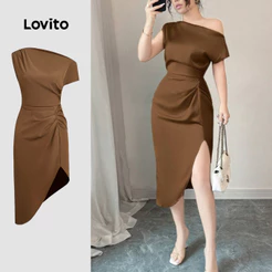 (Elegante) Lovito Vestido Social Glamouroso Plissado Com Zíper Marrom Para Mulheres L155AD343