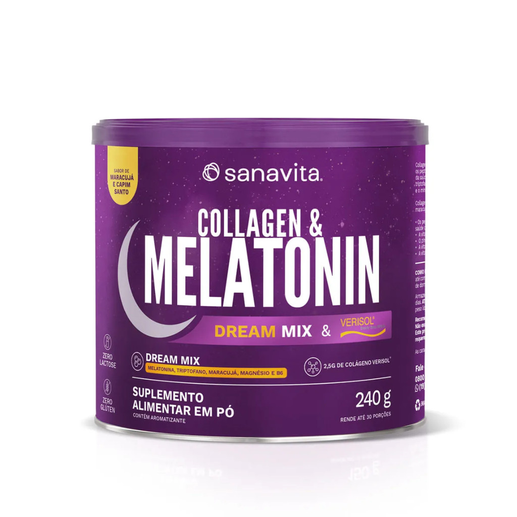 Collagen & Melatonin Sanavita Dream Mix e Verisol 240g Suplemento Noturno para Sono e Pele Saudável