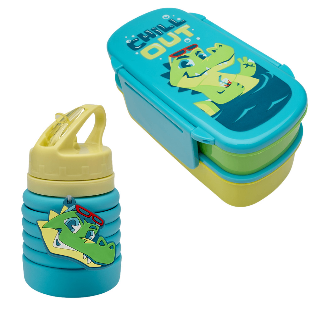 Kit Marmita + Garrafa Retrátil Infantil Menino Passeio Escolar Jacaré Jaca Relax - PUKET