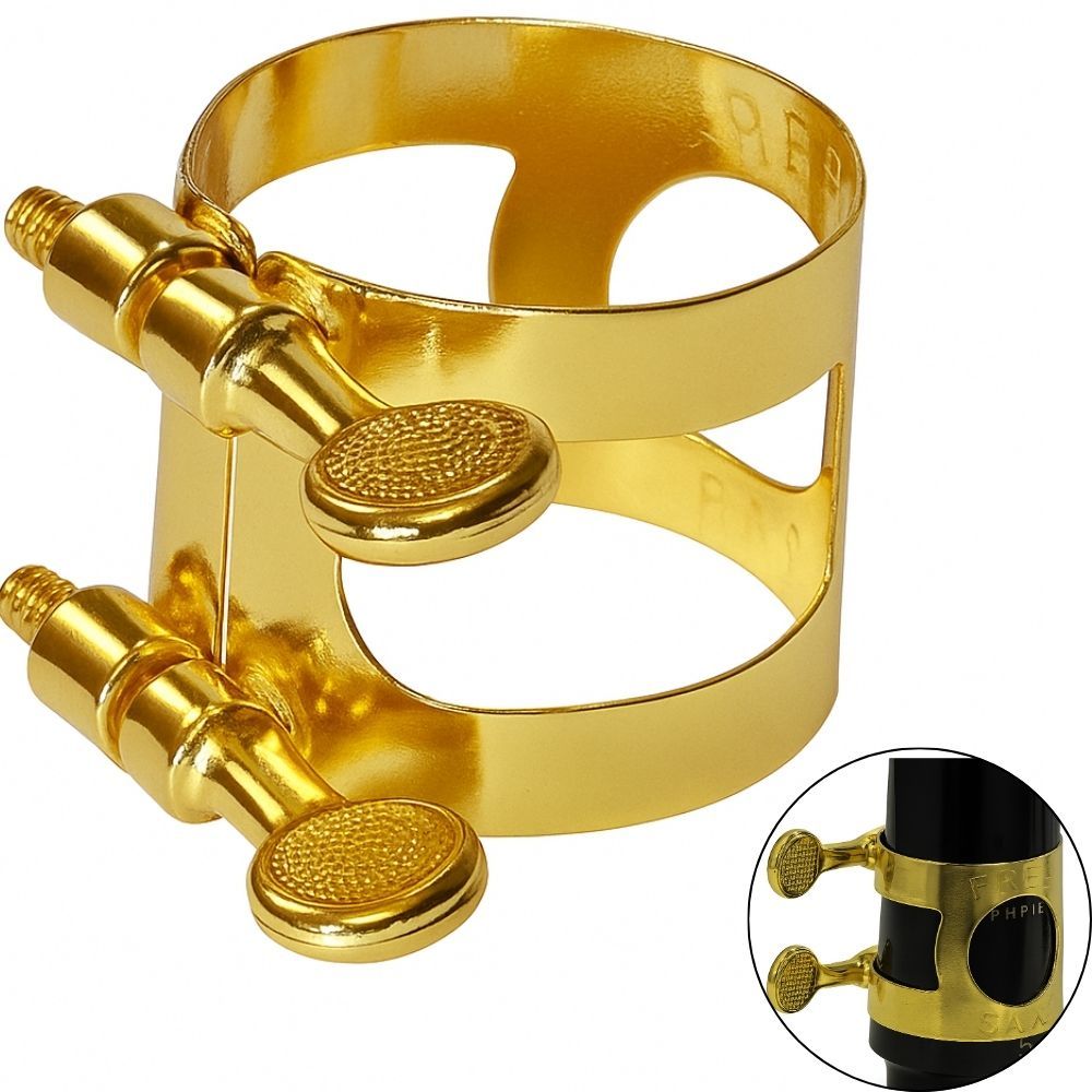 Abraçadeira Metal FREESAX BMAD Dourada para Sax Alto — boquilha de massa larga com acabamento dourado de alta qualidade