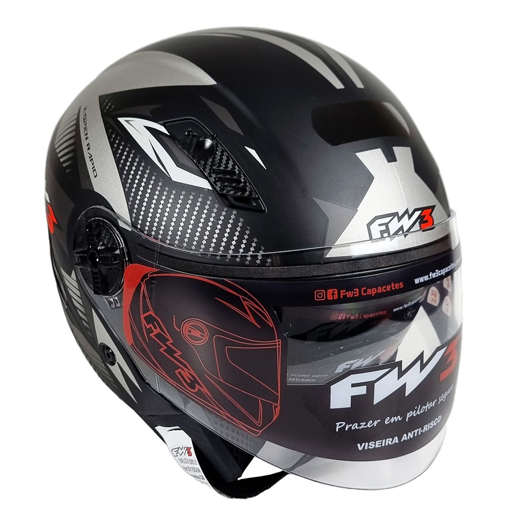Capacete Fw3 Moto Aberto Preto e Grafite Tamanho 48 Com Viseira Preta