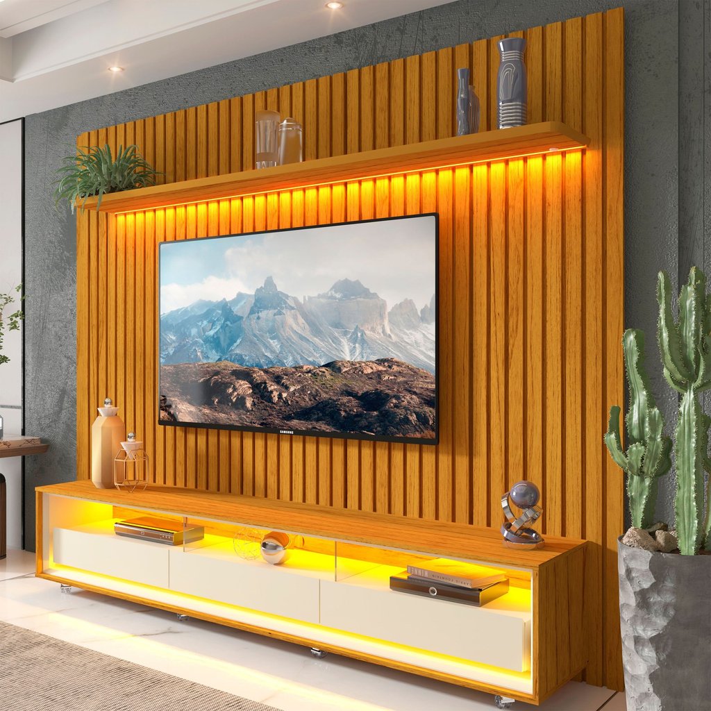 Rack com Painel para TV até 90 Polegadas LED 3 Gavetas Nobre Clean 100% MDF Naturale/Off White em Oferta na Shopee