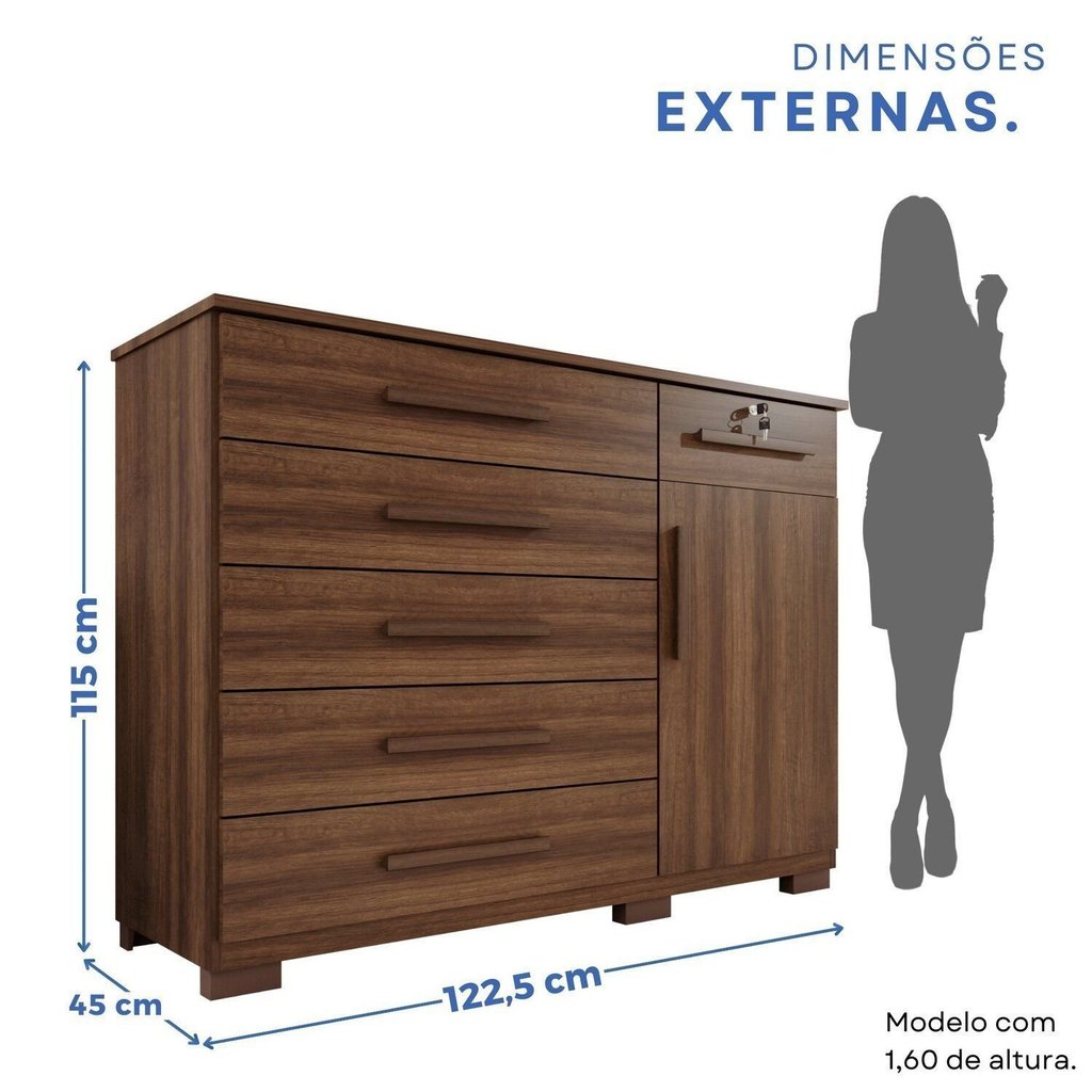 Detalhes do Cômoda para Quarto 1 Portas 6 Gavetas Jade Expresso Móveis Imbuia