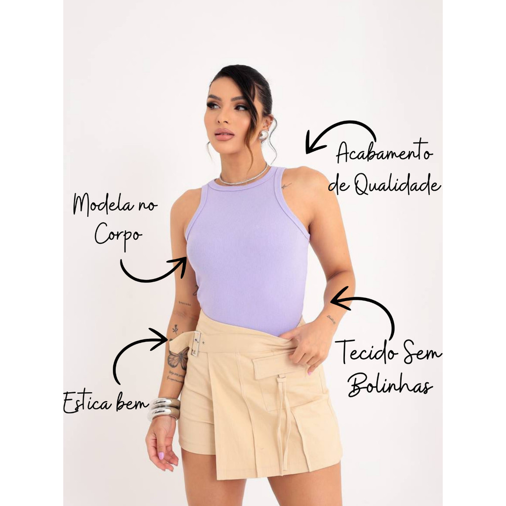 Regata Feminina Canelada Justa Básica Sem Manga Algodão Confortável