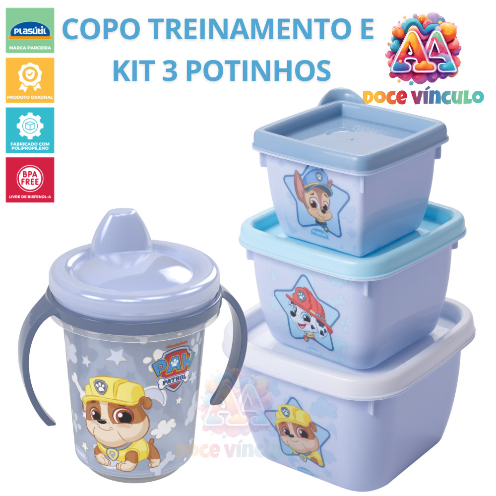 Copo Caneca Alça e Conjunto 3 Potes Patrulha Canina Baby BPA Free Lancheira