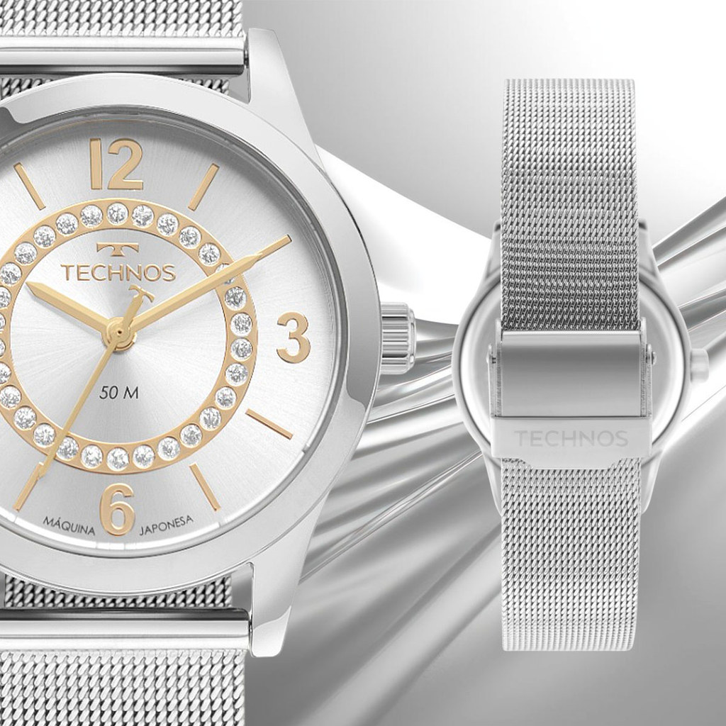 Relógio Feminino Prata com Caixa e Pulseira de Aço Inoxidável à Prova D' Água Luxo Elegante Fashion Technos Original — imagem 2 de 2