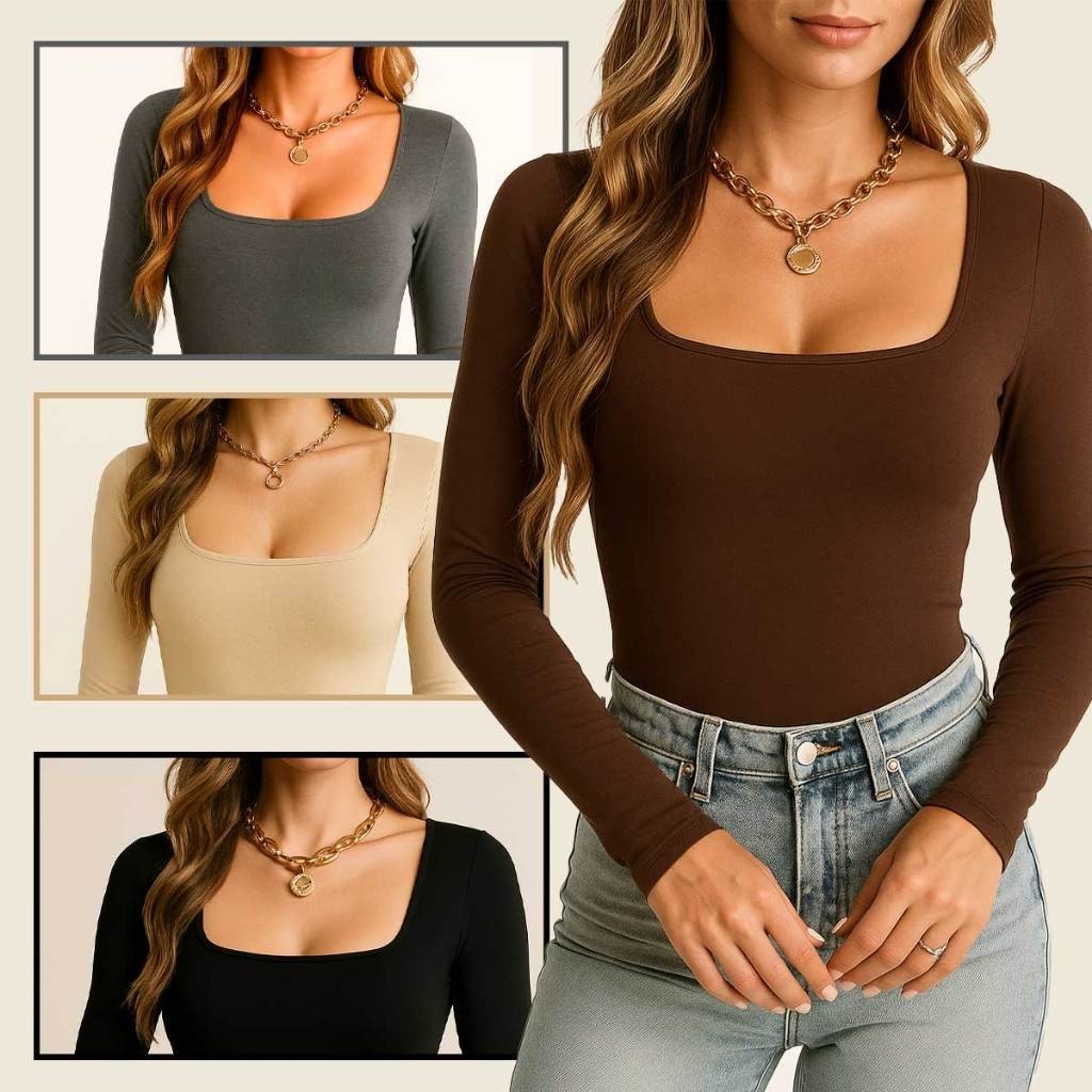 Body Feminino Suplex Liso com Decote Quadrado e Manga Longa – Tamanho Único Ideal para o Inverno em Oferta na Shopee
