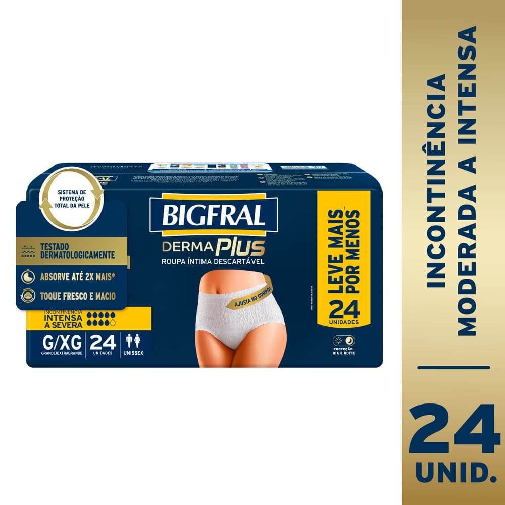 Roupa Íntima Descartável Unissex Bigfral Derma Plus Tamanho G/XG 24 Unidades Leve Mais Por Menos