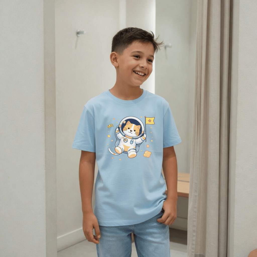 Camiseta Infantil e Juvenil Estampada Gatinho Astronauta 100% Algodão Premium Criança Personalizada Blusa Camisa Unissex