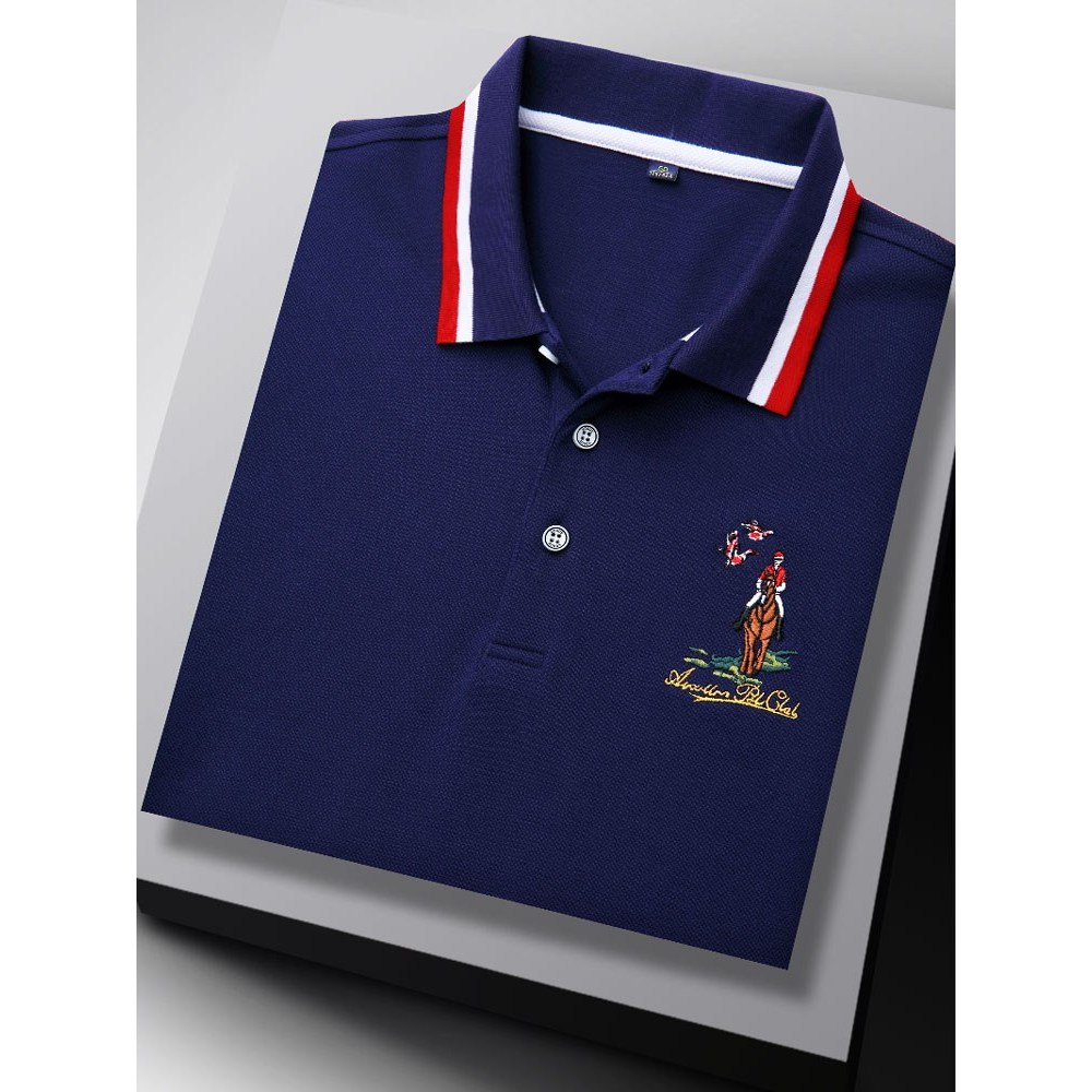 Primavera verão marca High-End de manga curta camiseta masculina lapela puro algodão roupas superiores Paul bordado meia