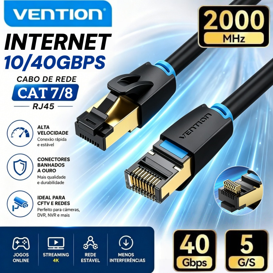 Novo Vention Cabo Ethernet de Patch Cat8 SFTP com Conector banhado a ouro 40Gbps 2000MHz Super Velocidade RJ45