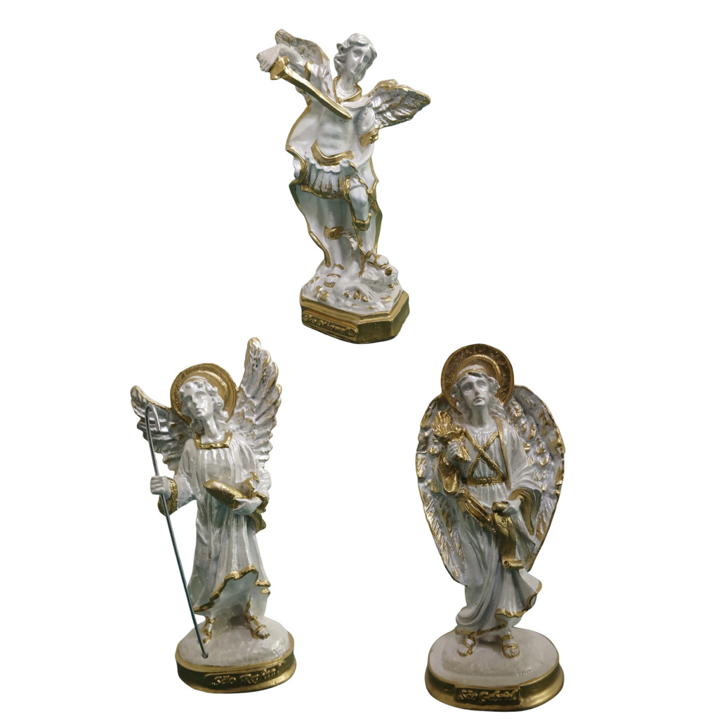 Kit 3 Arcanjos em Resina – São Miguel, São Rafael e São Gabriel 15cm | Imagens Religiosas Decorativas