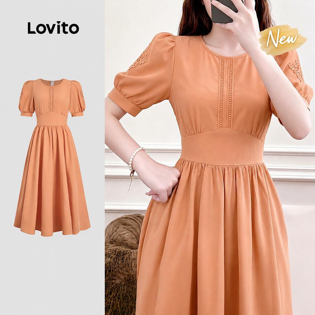 (New Arrival) Lovito Vestido de Primavera/verão Casual de Renda Plissada Laranja Coral para mulheres Bordado LK7ED592