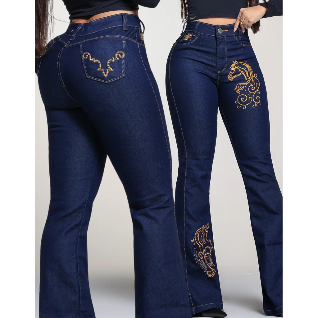 Calça Jeans Feminina Bordada Country Rodeio Flare Elastano