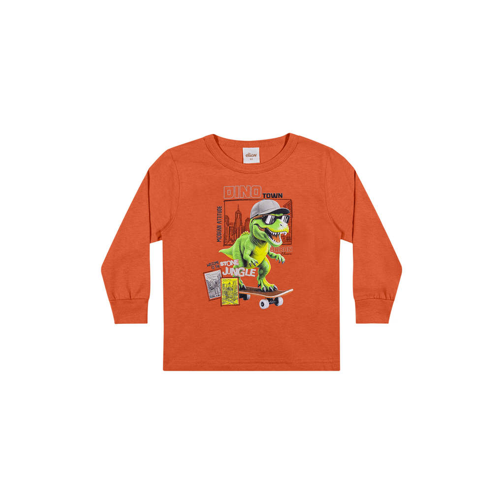 Camiseta Longa Infantil Menino Dinossauro Elian Laranja