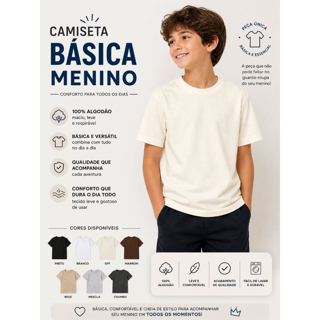 Camiseta Infantil de Menino Lisa Básica Verão Roupa Infantil Camiseta Masculina Envio Imediato