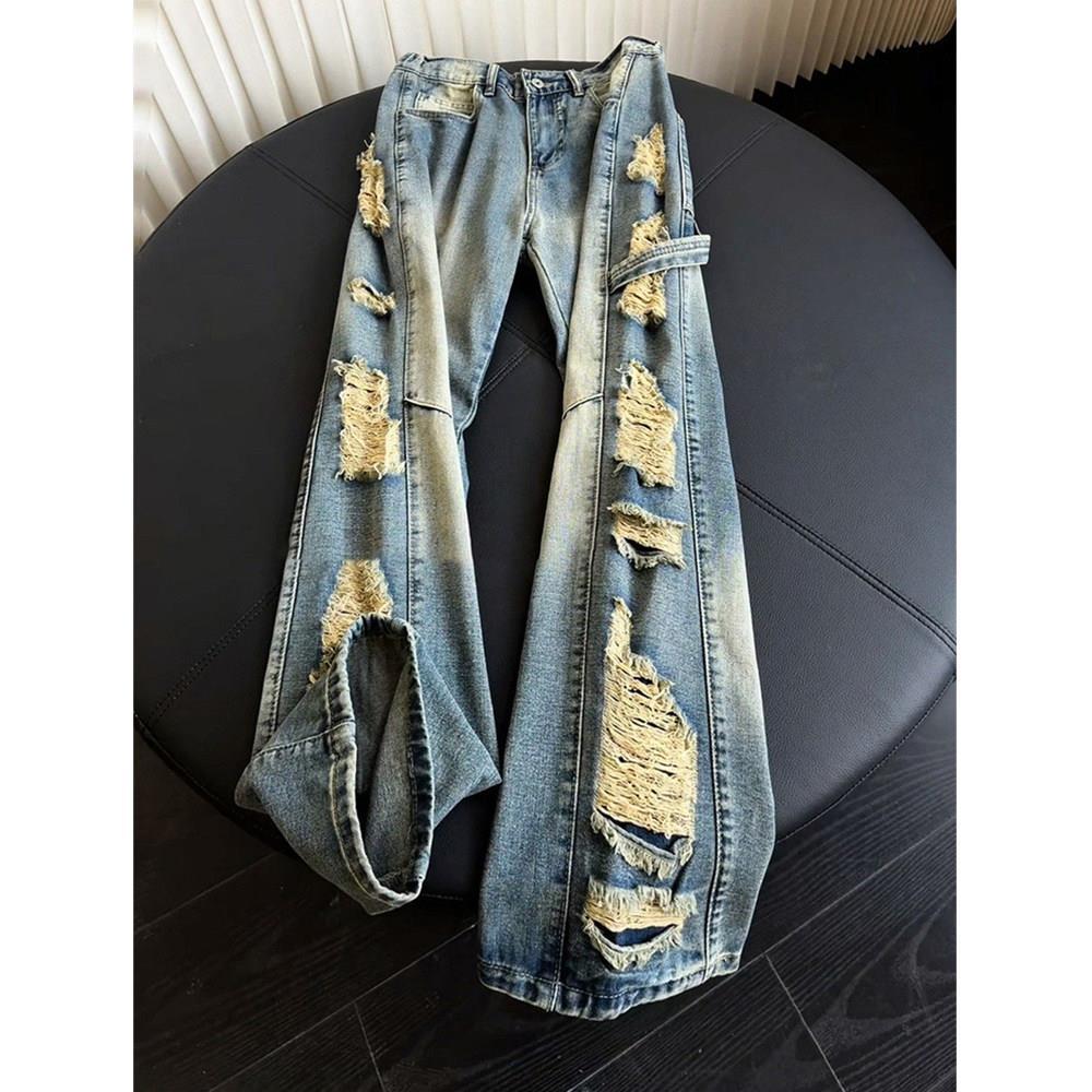 Calça Jeans masculina desconstrução rasgada lateral de rua alta, Design de rua, calça Machete lavada, calça reta Micro-q