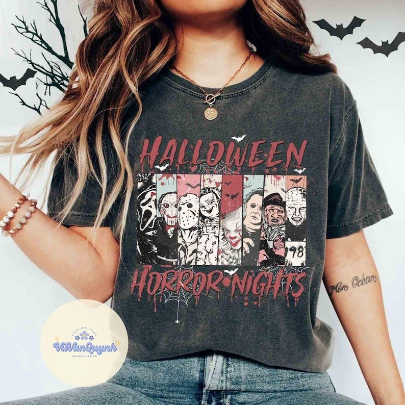 Camiseta Masculino Feminino Fofo Camisa Noites De Terror De Halloween 2025 Personagens De Terror Algodão Premium