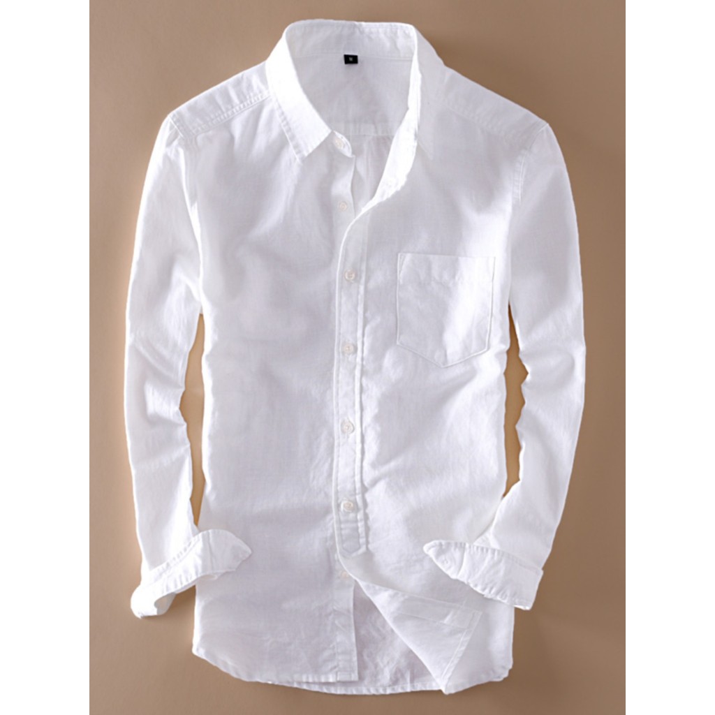 Camisa de linho branca simples masculina fresca Casual respirável linho fino ajuste fino camisa de linho de algodão de m
