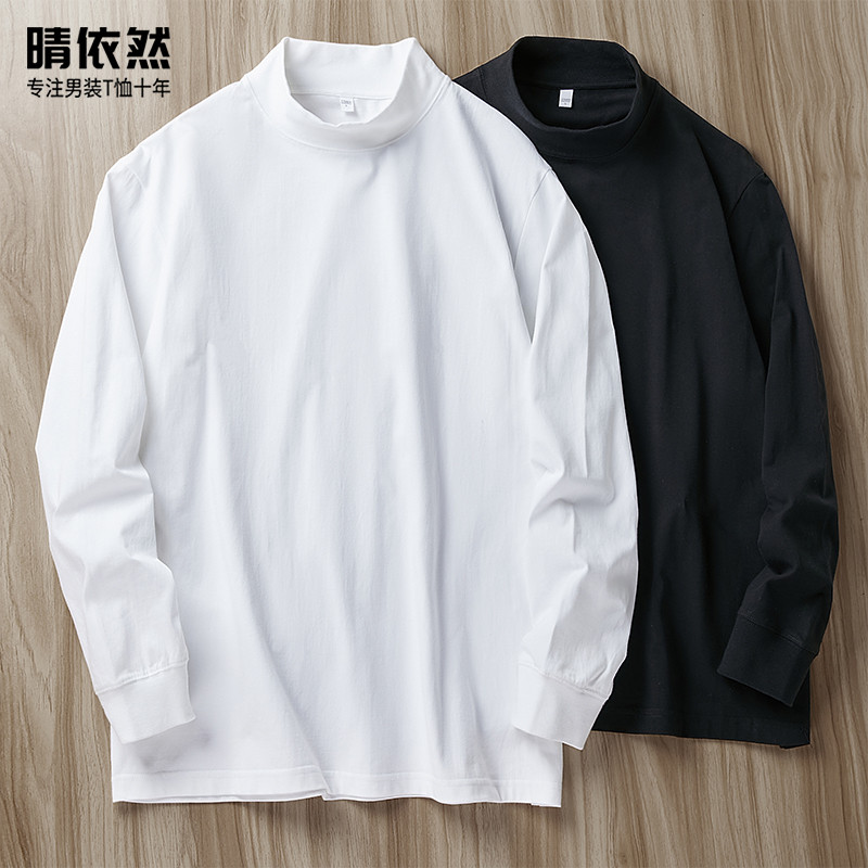 Primavera magro-ajuste quente meia gola alta masculina interior de manga comprida camiseta de algodão puro camisa de fun