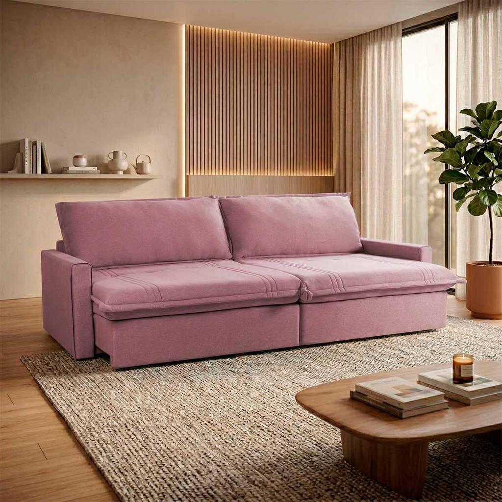 Sofá Cama Baú Ravello Sem Caixa 2,76m Linho Rose 3 Lugares