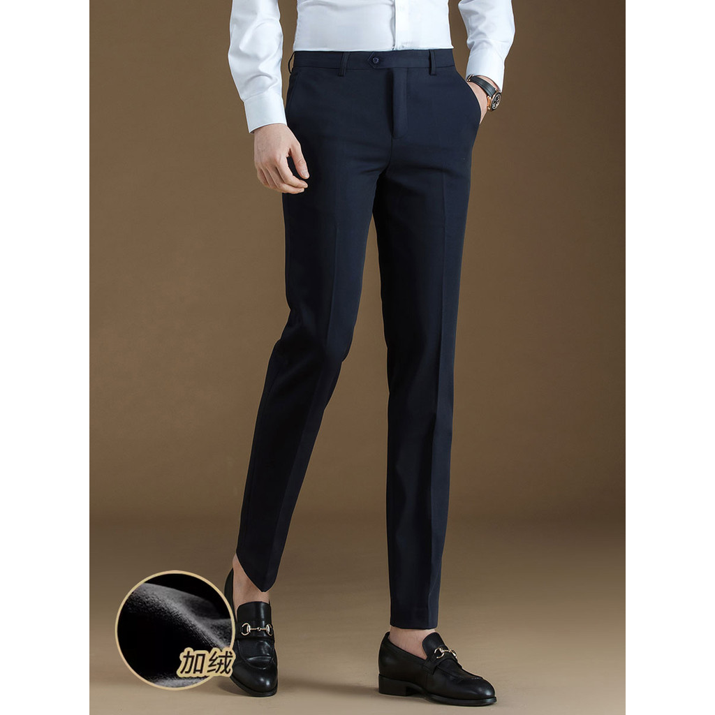 Calças masculinas forro de lã quente negócios Formal Wear calças retas casuais calças justas preto outono inverno terno 