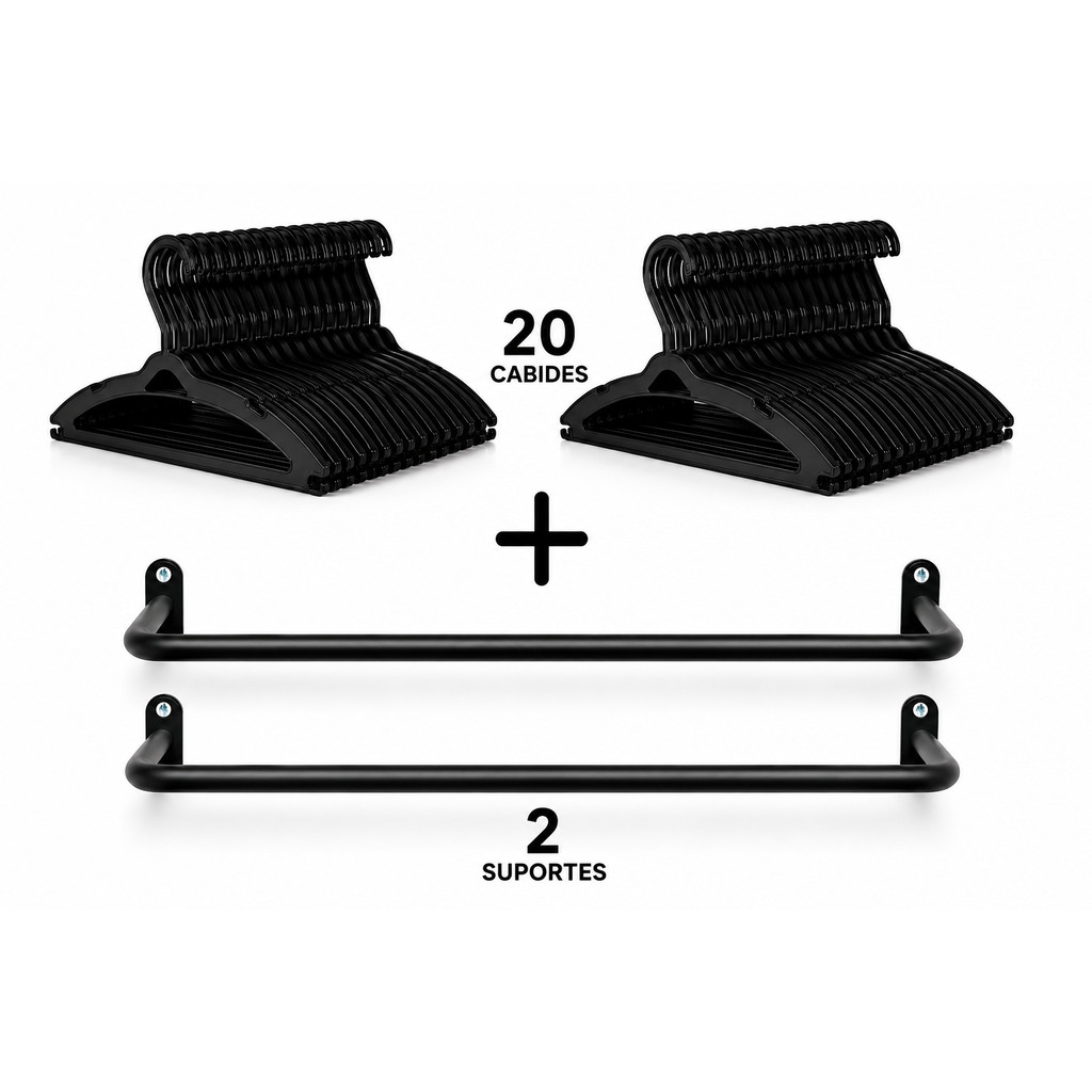 2 SUPORTE PARA ROUPA 70CM + 20 CABIDES REFORÇADOS - PRETO