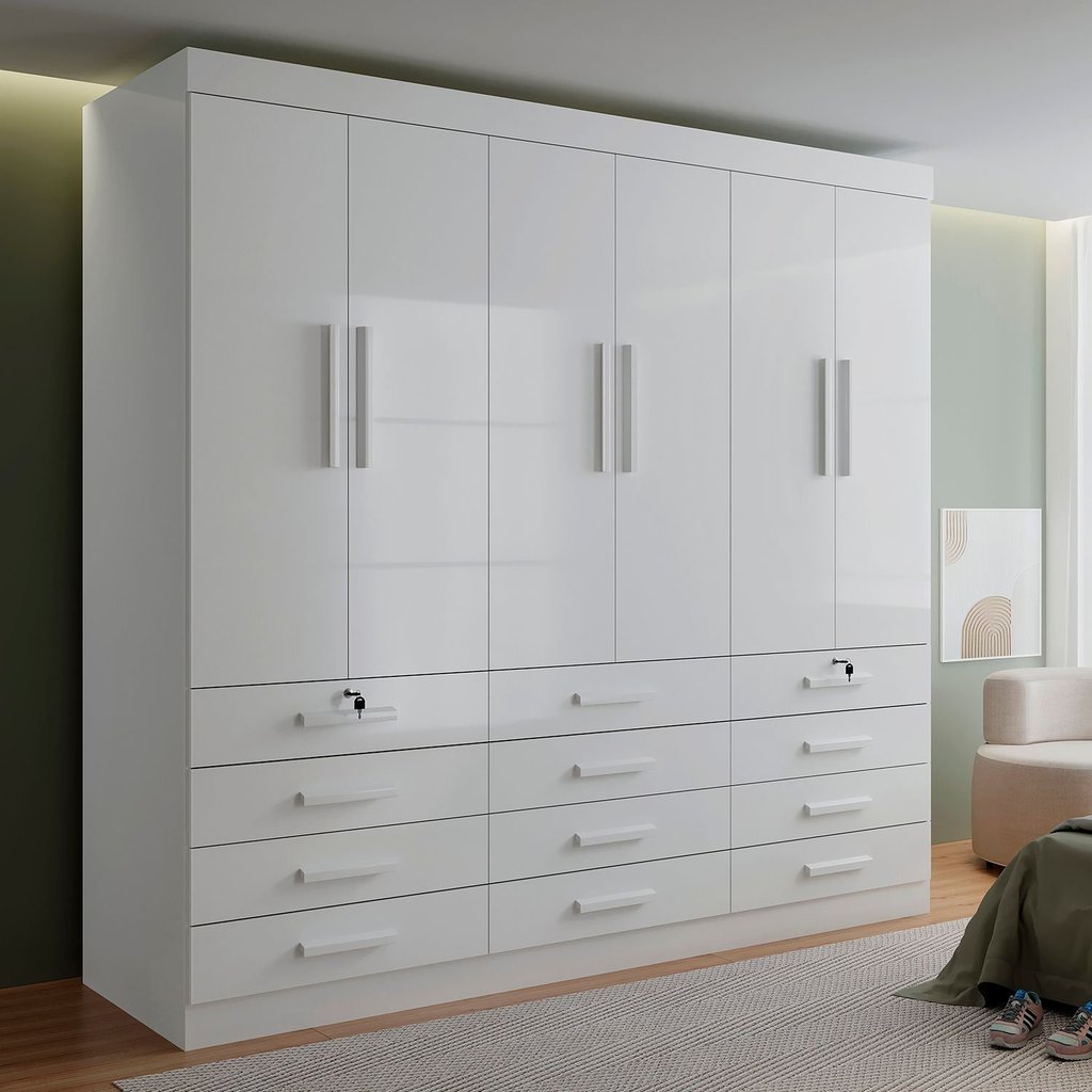 Guarda Roupa Casal MDF 6 Portas 12 Gavetas Marselha Plus Branco Branco