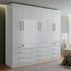Guarda Roupa Casal MDF 6 Portas 12 Gavetas Marselha Plus Branco Branco