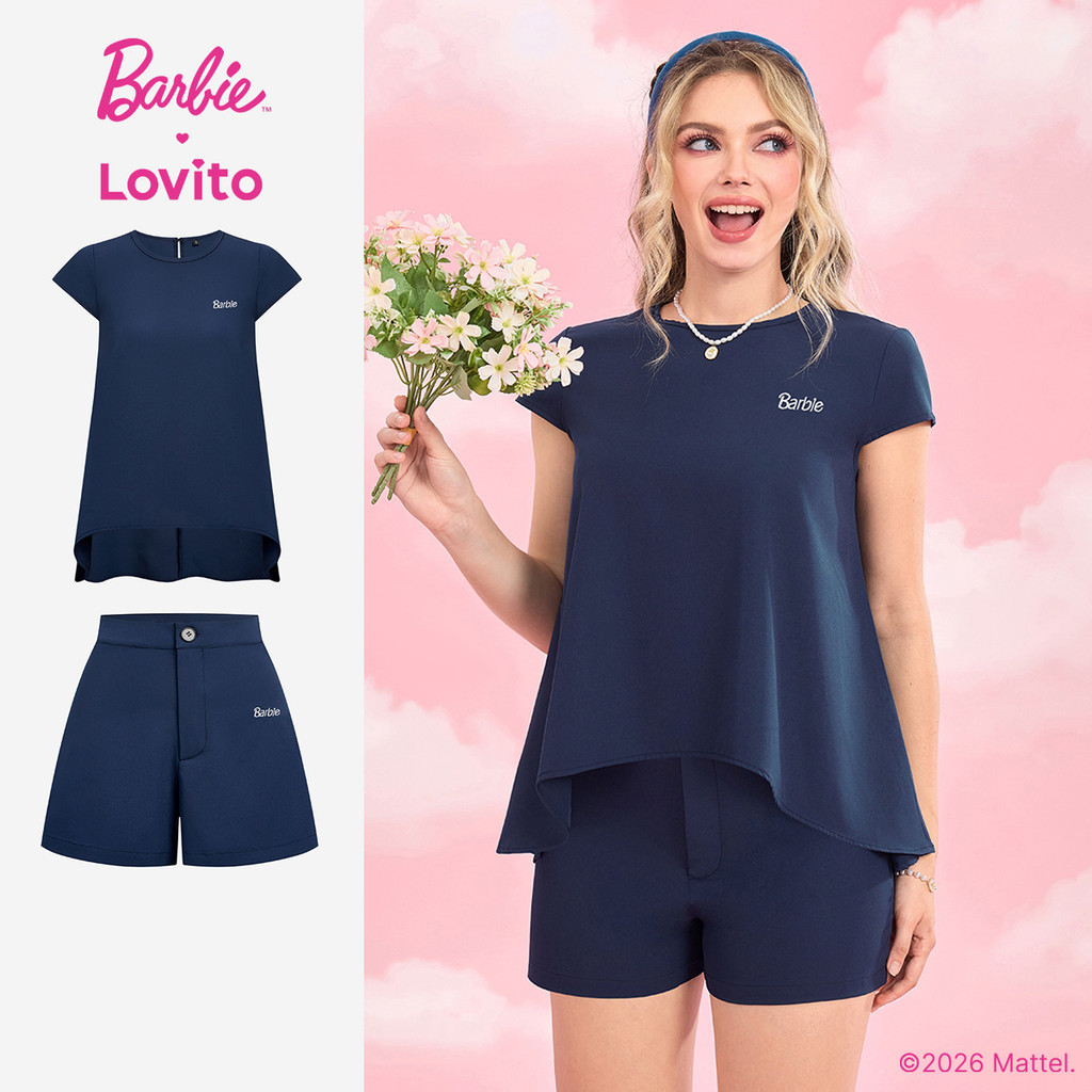 Barbie™ X Lovito Casual Blusa Com Babados Azul Escuro Primavera/Verão Soltinho Feminina SHBL4PAD022