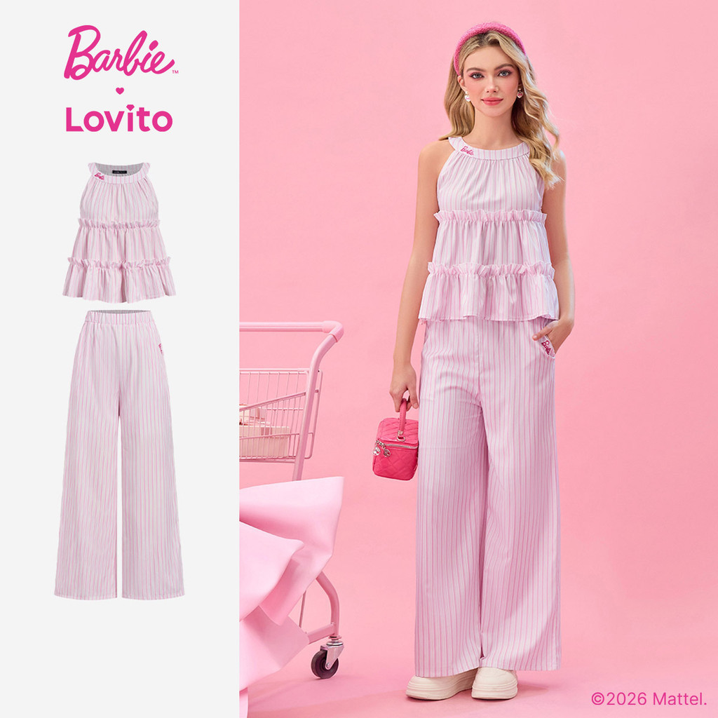 Barbie™ X Lovito Listrado Casual Tops ou Bottoms com Bolso Primavera/verão para 