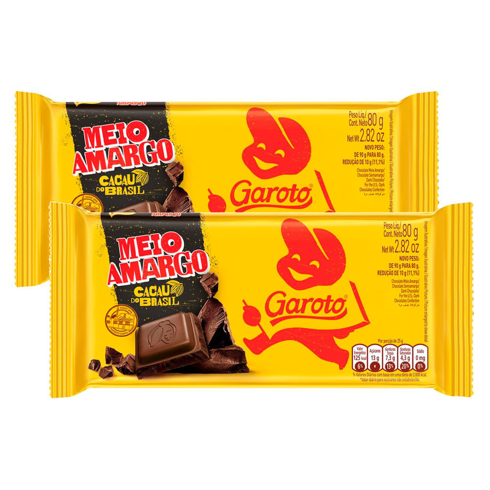 Kit 2 Chocolate Garoto Meio Amargo 80g