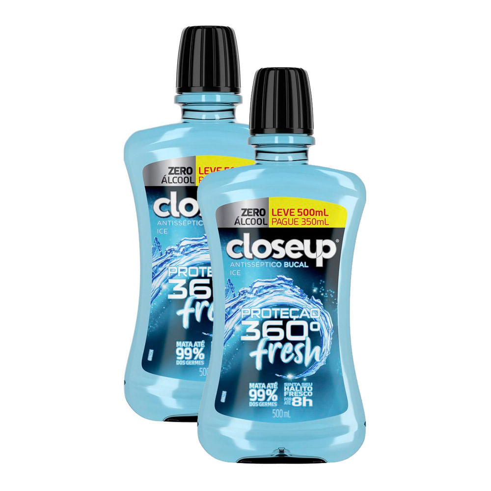 Kit 2 Enxaguante Bucal Closeup Ice Proteção 360° Fresh Zero Álcool Leve 500ml Pague 350ml