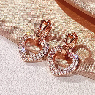 Belíssimos brincos em formato de coração em ouro rosado, adequados para mulheres, incrustados com zircônia brilhante, um