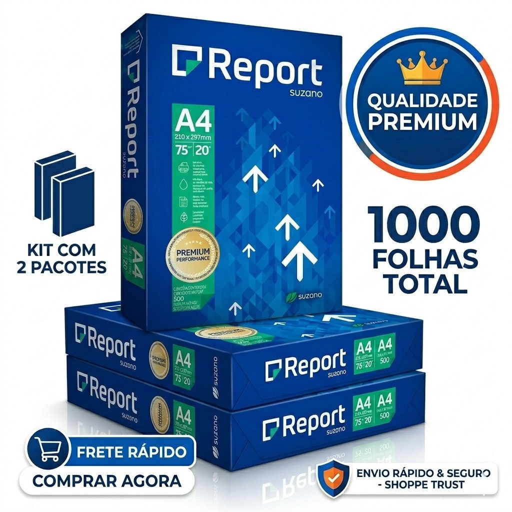 Kit 2 Papel Sulfite A4 75g Suzano Report 1000 Folhas
