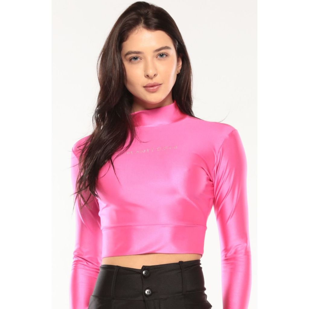 Blusa Feminina Up Glam Logo em Strass e Dedeira Planet Girls Rosa Escuro