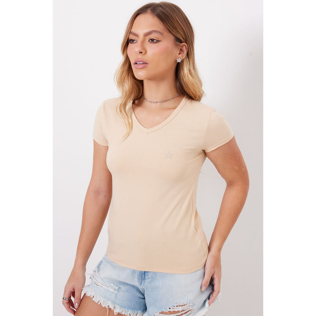 Camiseta Feminina Decote v Planet Girls Bege Médio