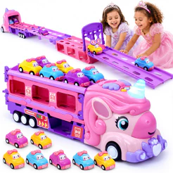 Caminhão Cegonha Unicórnio Com 6 Carrinhos Grande Com Pista Lançador Dobrável Luz E Som Rosa Kizumba
