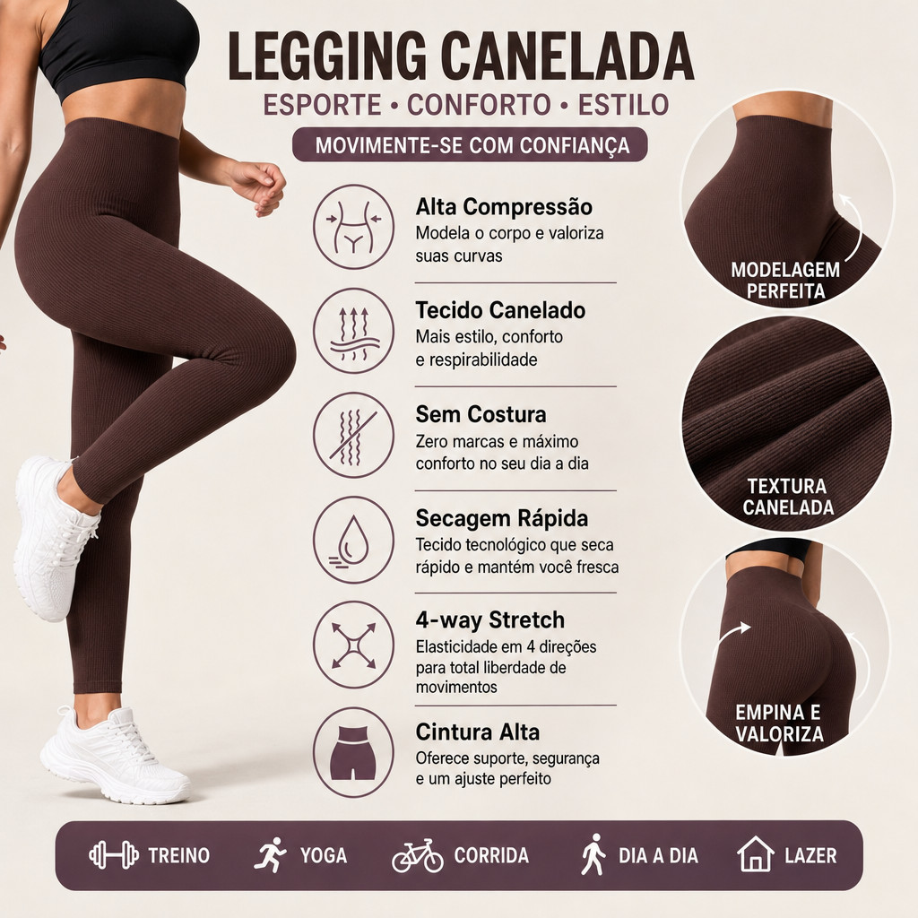 Legging Canelada Feminina Cintura Alta Modeladora Seamless Academia Yoga Pilates