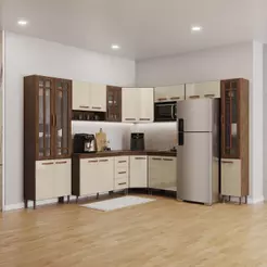 Cozinha Modulada Completa Fidelitá Lisboa 9 Peças 515cm 20 Portas 3 Gavetas Com Tampo Noce/Off-White