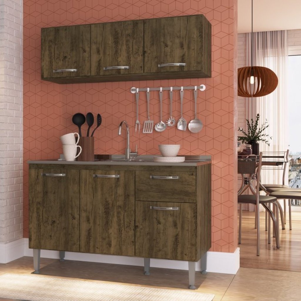 Cozinha Compacta Modulada 1 Armário Aereo 3 Portas 1 Balcão 3 Portas e 1 Gaveta Linha Light Marrom/Itaúba