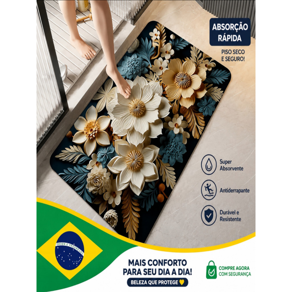 Tapete 5D Flores 3D Antiderrapante Microfibra - Capacho para Banheiro e Entrada de Casa Absorvente Decorativo