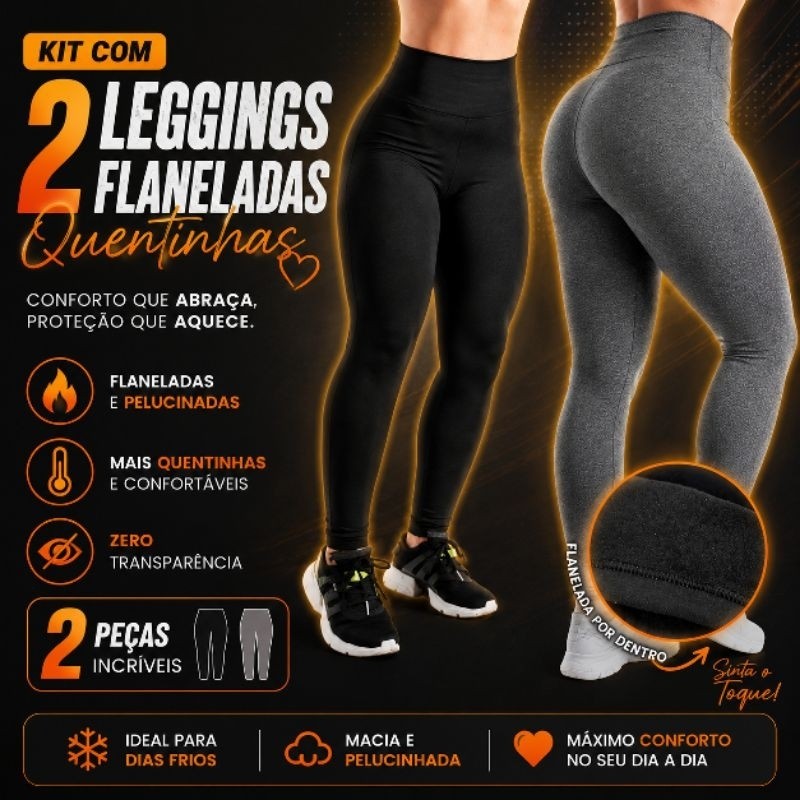 Kit 2 Legging Flanelada Feminina Peluciada Térmica Inverno Cintura Alta Costura Reforçada Forrada