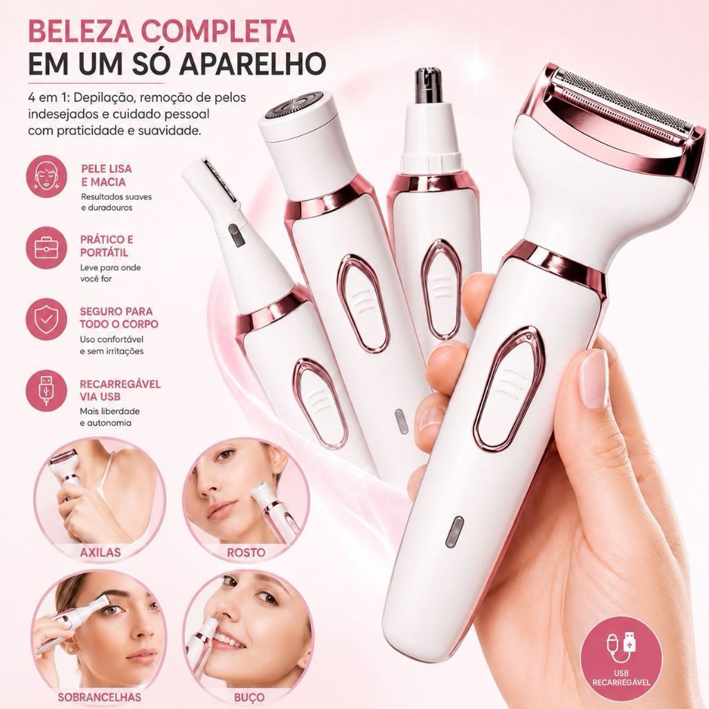 Depilador Elétrico Feminino 4 em 1 Recarregável USB Aparador para Rosto Nariz Buço e Sobrancelha