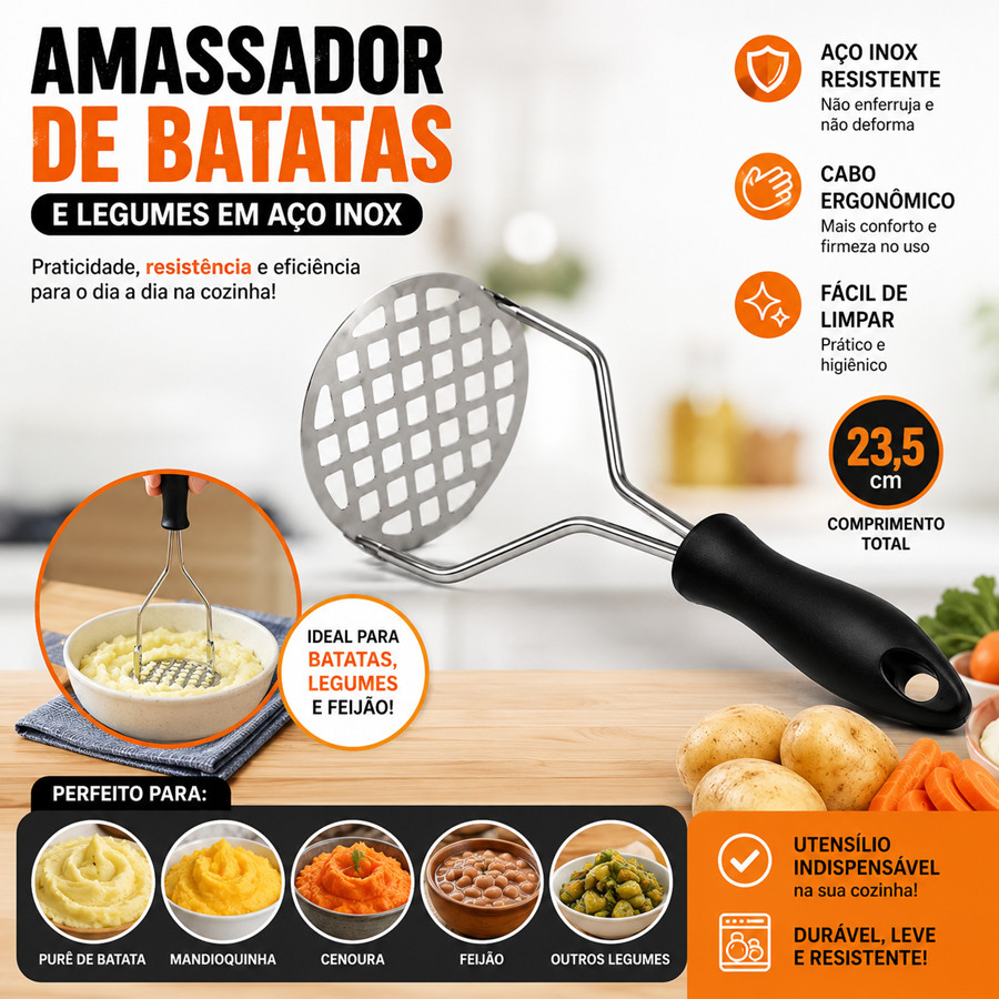 Amassador de Batatas Aço Inox Espremedor Manual de Legumes Feijão Purê Cabo Ergonômico Reforçado