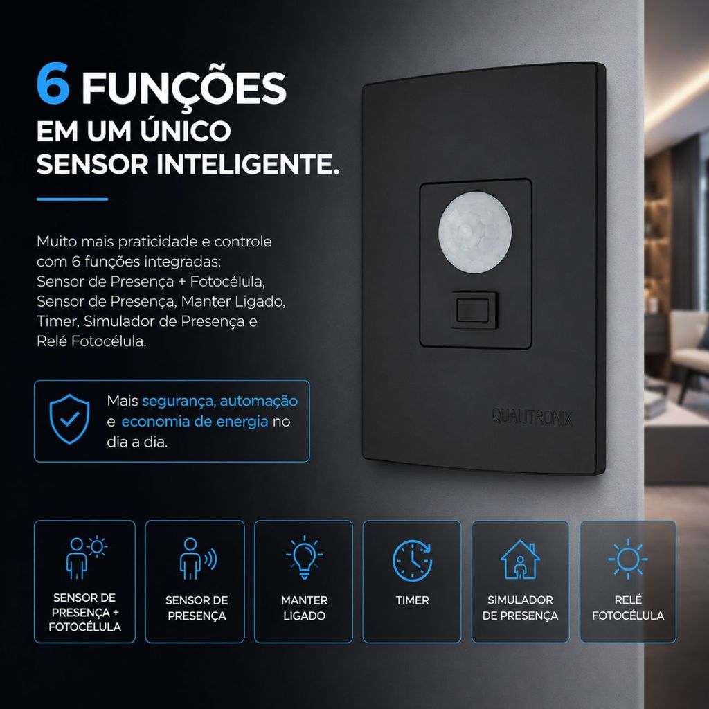 Sensor de Presença Multifuncional Parede 180º C/ Chave Preto — imagem 2 de 2