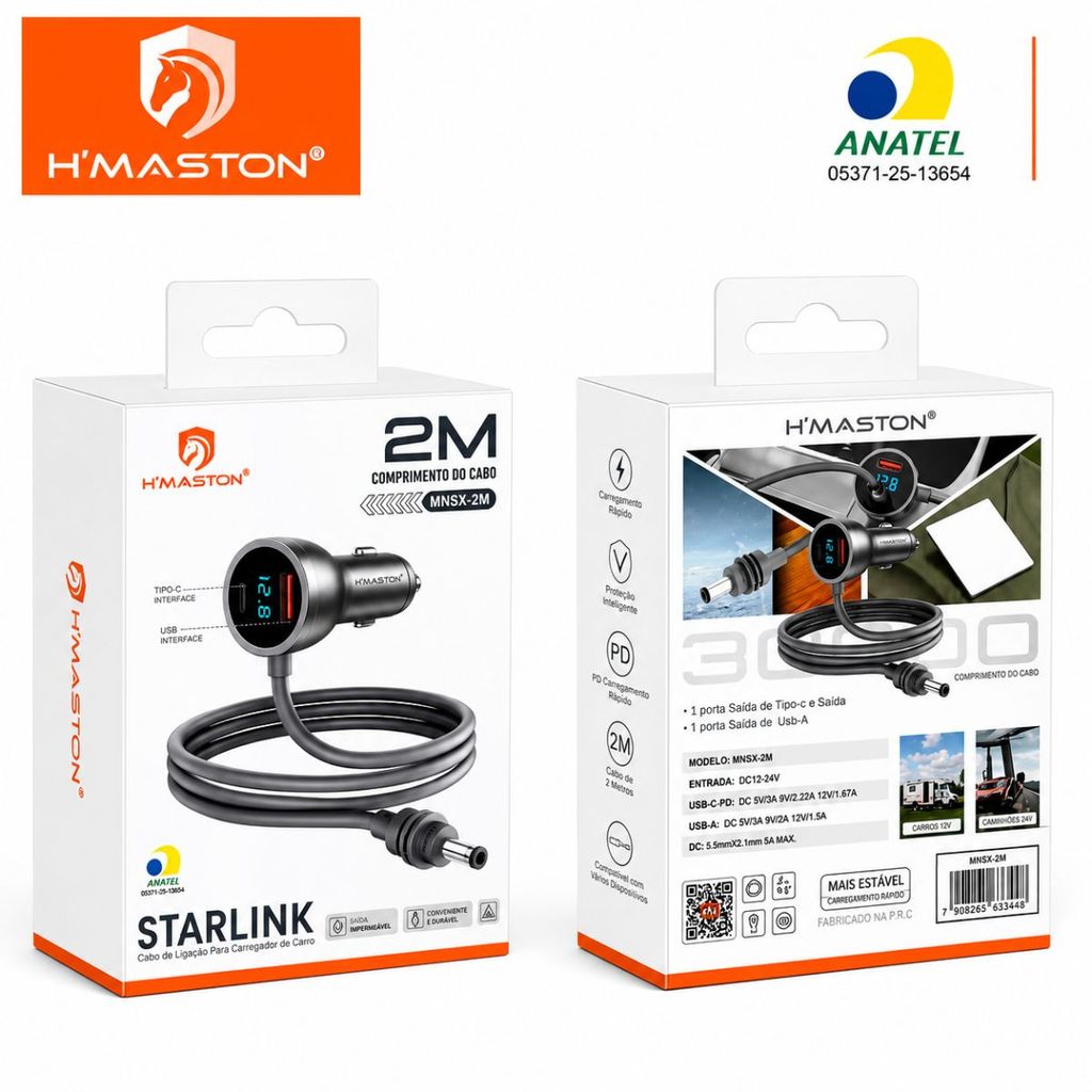 Carregador Veicular para Starlink Mini USB-C + USB-A Cabo 2m Turbo com Display Digital H'Maston