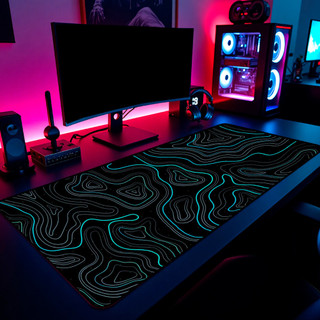 Mouse Pad Gamer Mapa Topografico Neon Cyan 65x30cm 80x40cm 90x50cm 120x60cm Borda Costurada